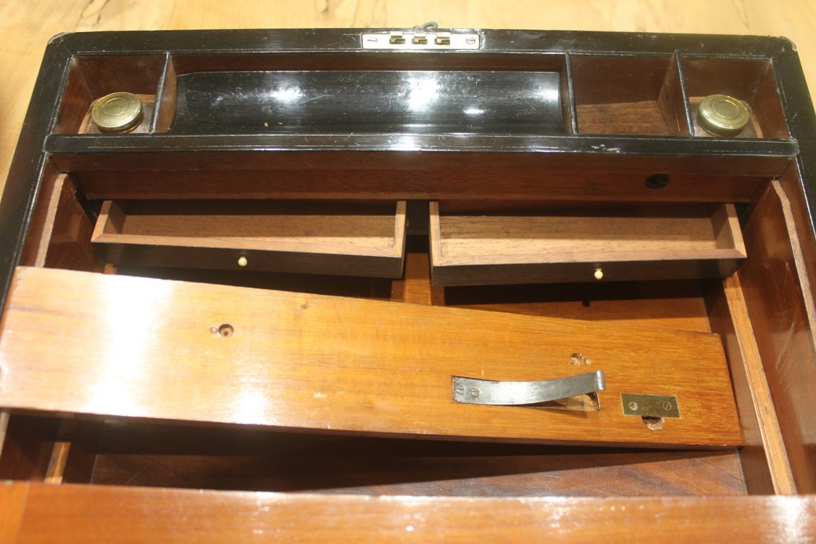 580.0 Victorian Walnut And Brass Bound Writing Slope With Secret Drawers photo
