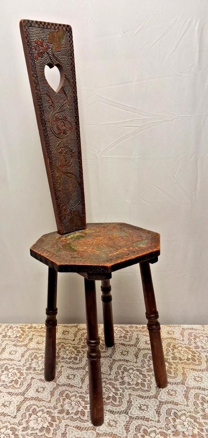 Antique Traditional Welsh Oak Spinning Chair With Intricate Leaf Carving