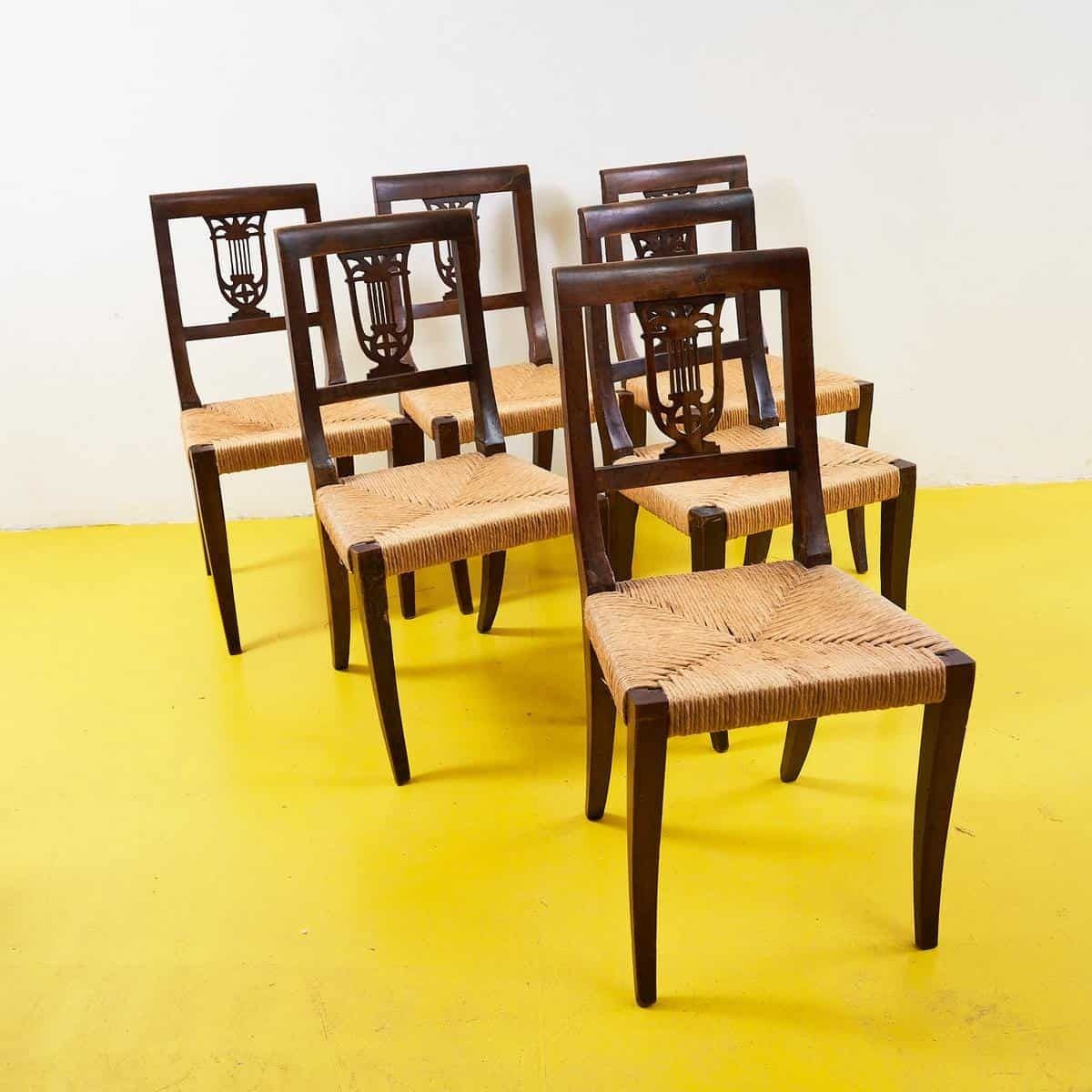 Antique Empire Wooden Chairs With Straw Seats, 6 Pieces