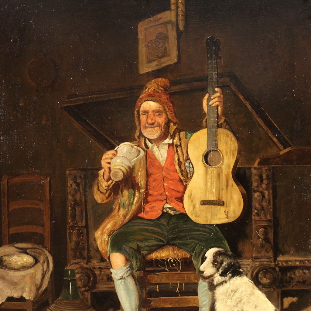 Antique Italian Genre Scene Painting From The 19th Century photo furniture