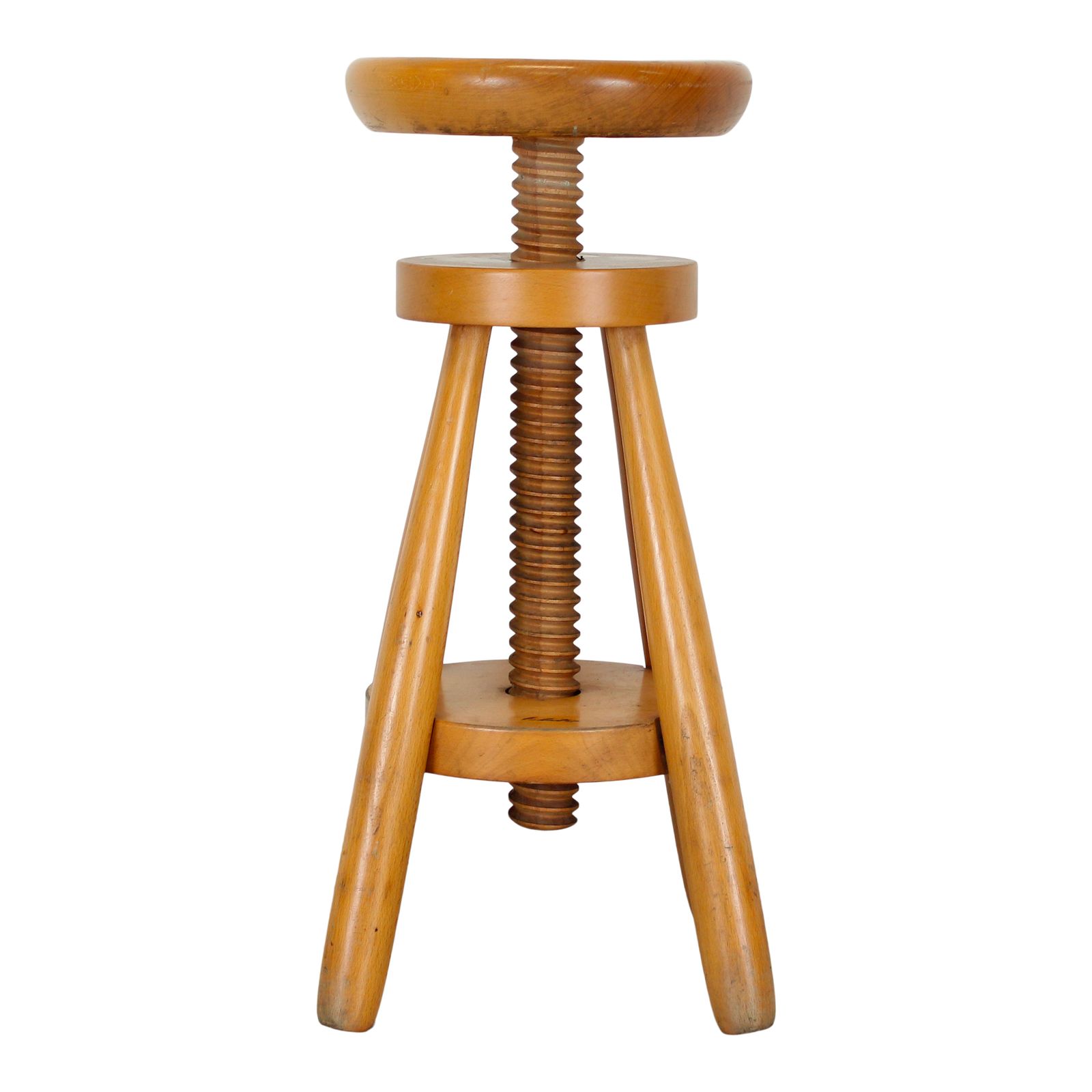 photo for sale Pair Of Mid Century Modern Italian Fir Swivel Stools, 1960s, In The Style Of Charlotte Perriand