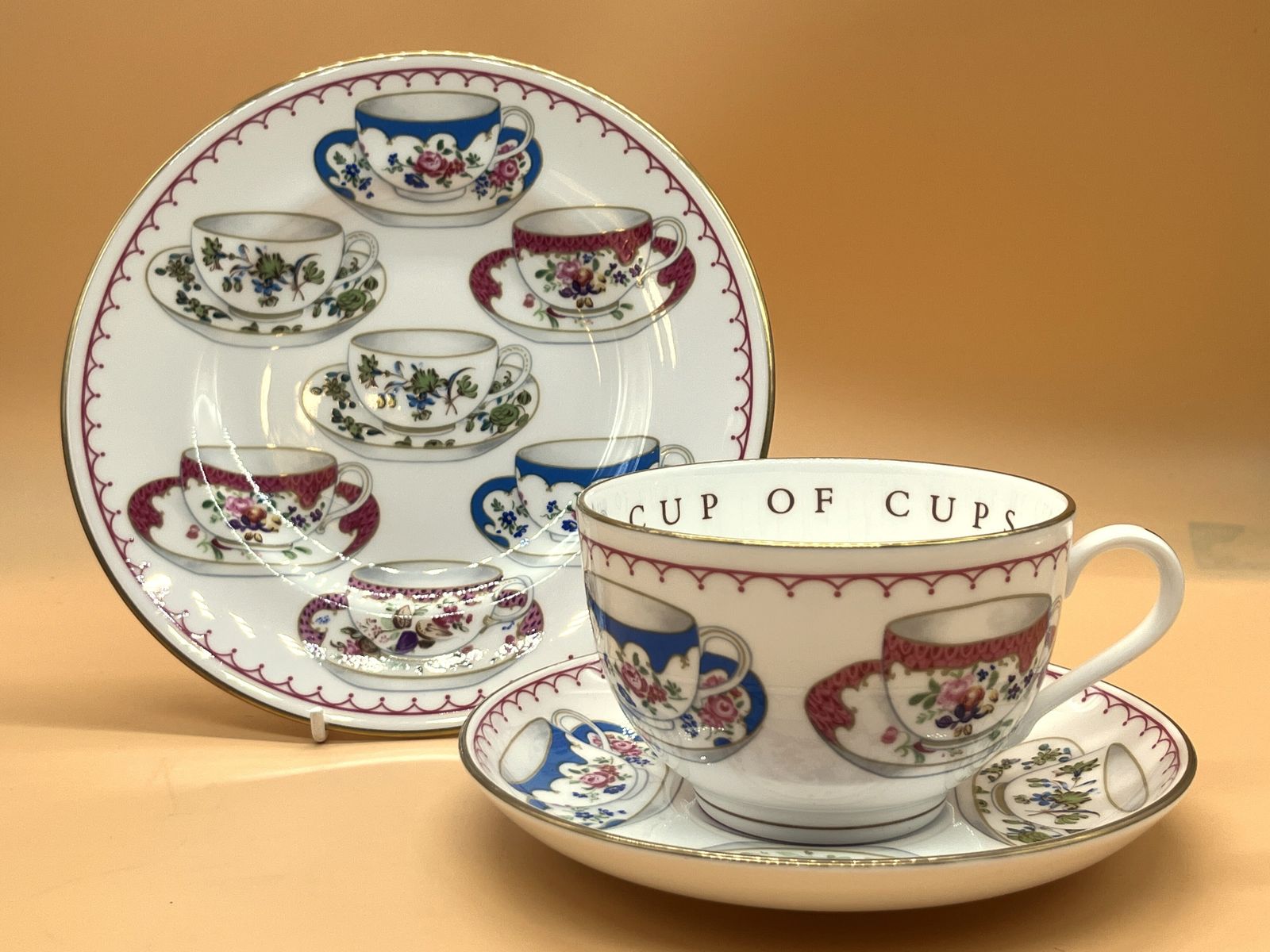 Royal Worcester China Cup Of Cups Design Pink Large Breakfast Tea Cup, Saucer & Plate Trio.