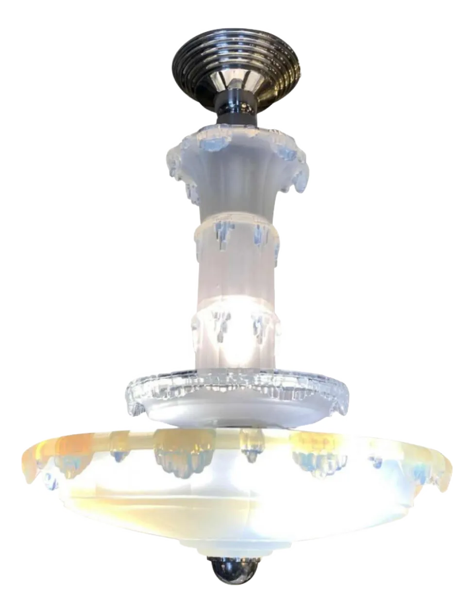 Art Deco Cascade Opalescent Frosted Glass Chandelier By Jean Gauthier For Ezan, 1930s