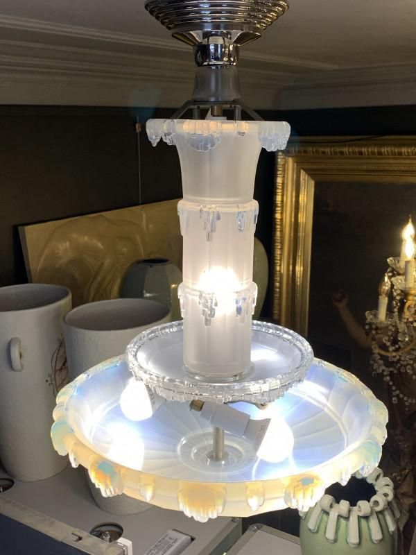 photo for sale Art Deco Cascade Opalescent Frosted Glass Chandelier By Jean Gauthier For Ezan, 1930s