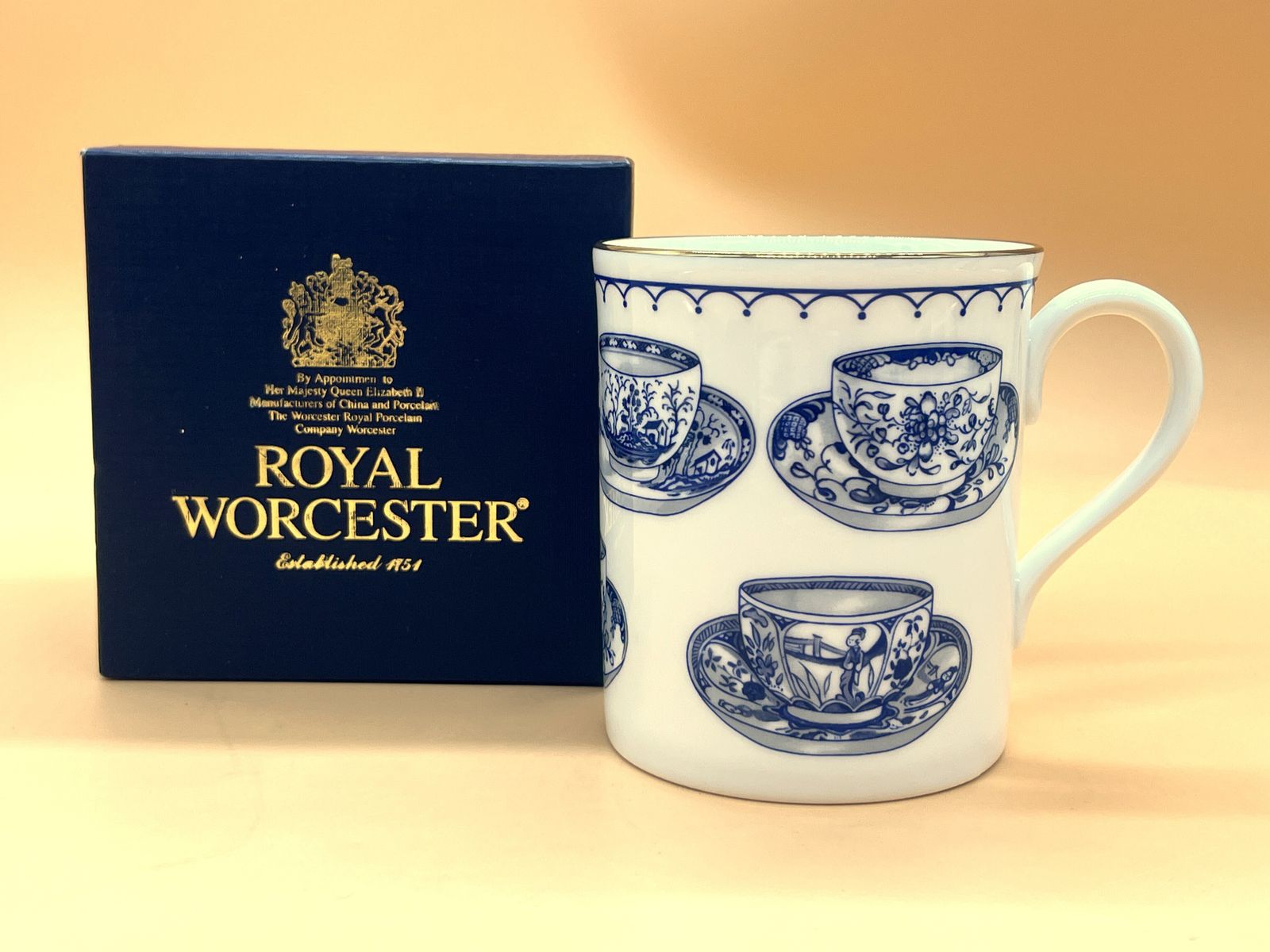 New Royal Worcester China Cup Of Cups Design Blue Beaker / Mug Boxed.