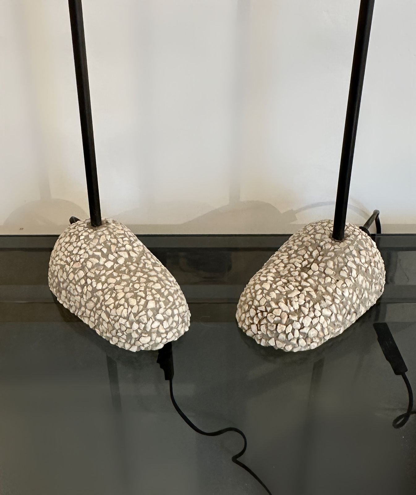 Pair Of Spanish Bronze Lilly Shaped Lamps With Stone Bases, 1980 photo for sale