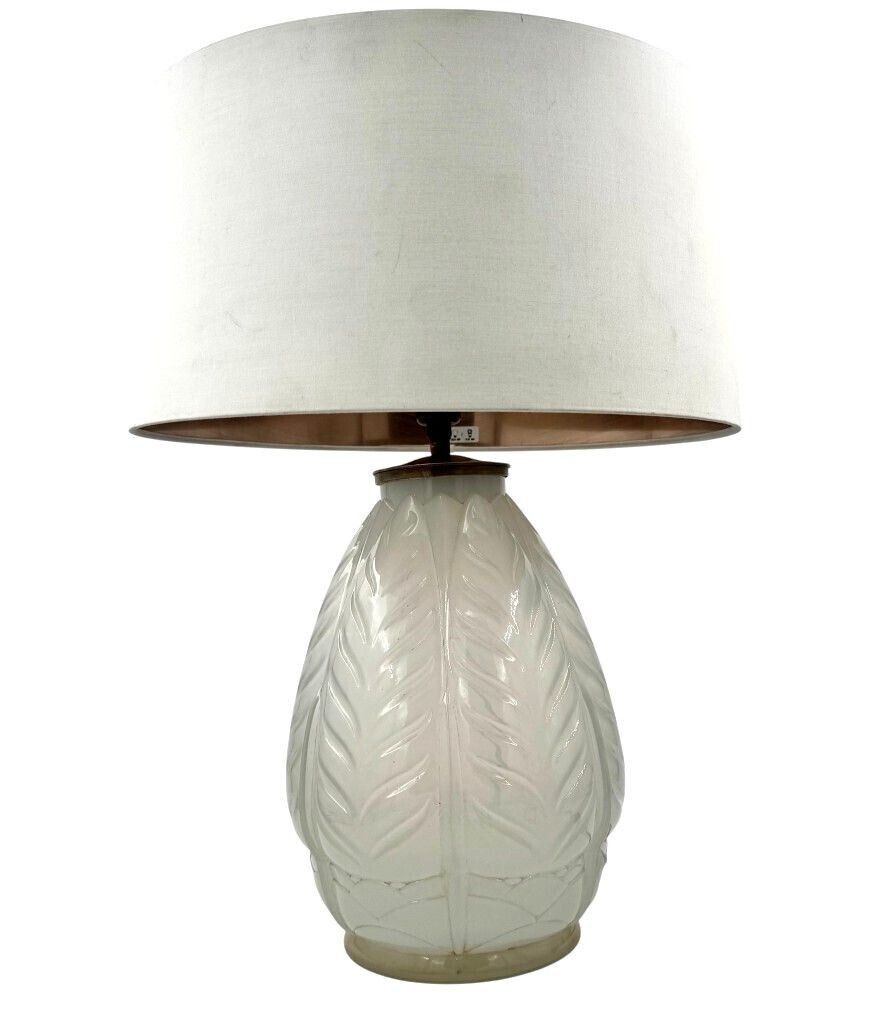 A French 1930s Cristallerie Lorraine Alsace Pressed Glass Opaline Lamp With Leaf Desgin