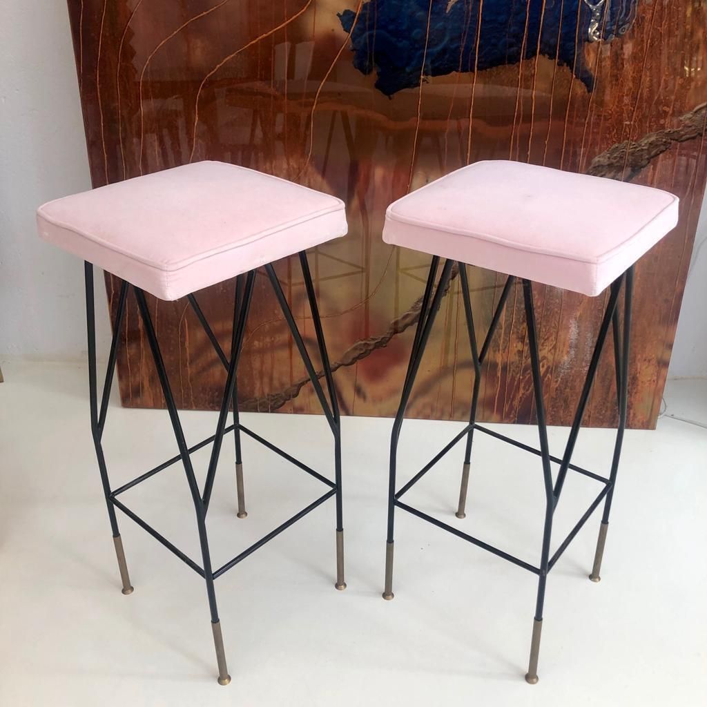 Pink Cotton Velvet And Black Lacquered Metal Italian Stools photo vintage