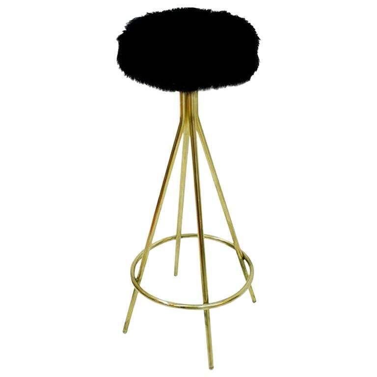 Mid Century Modern Style Brass And Goat Fur Italian Stools