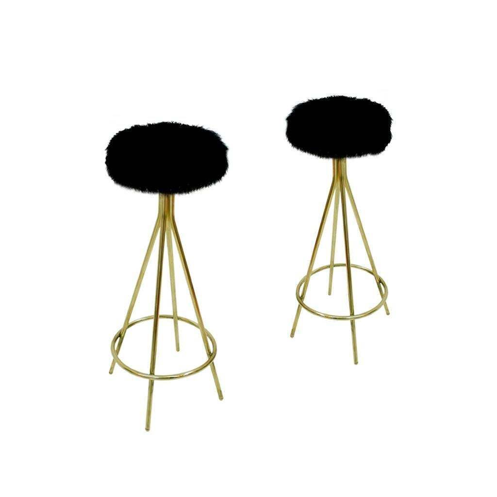 Mid Century Modern Style Brass And Goat Fur Italian Stools photo for sale