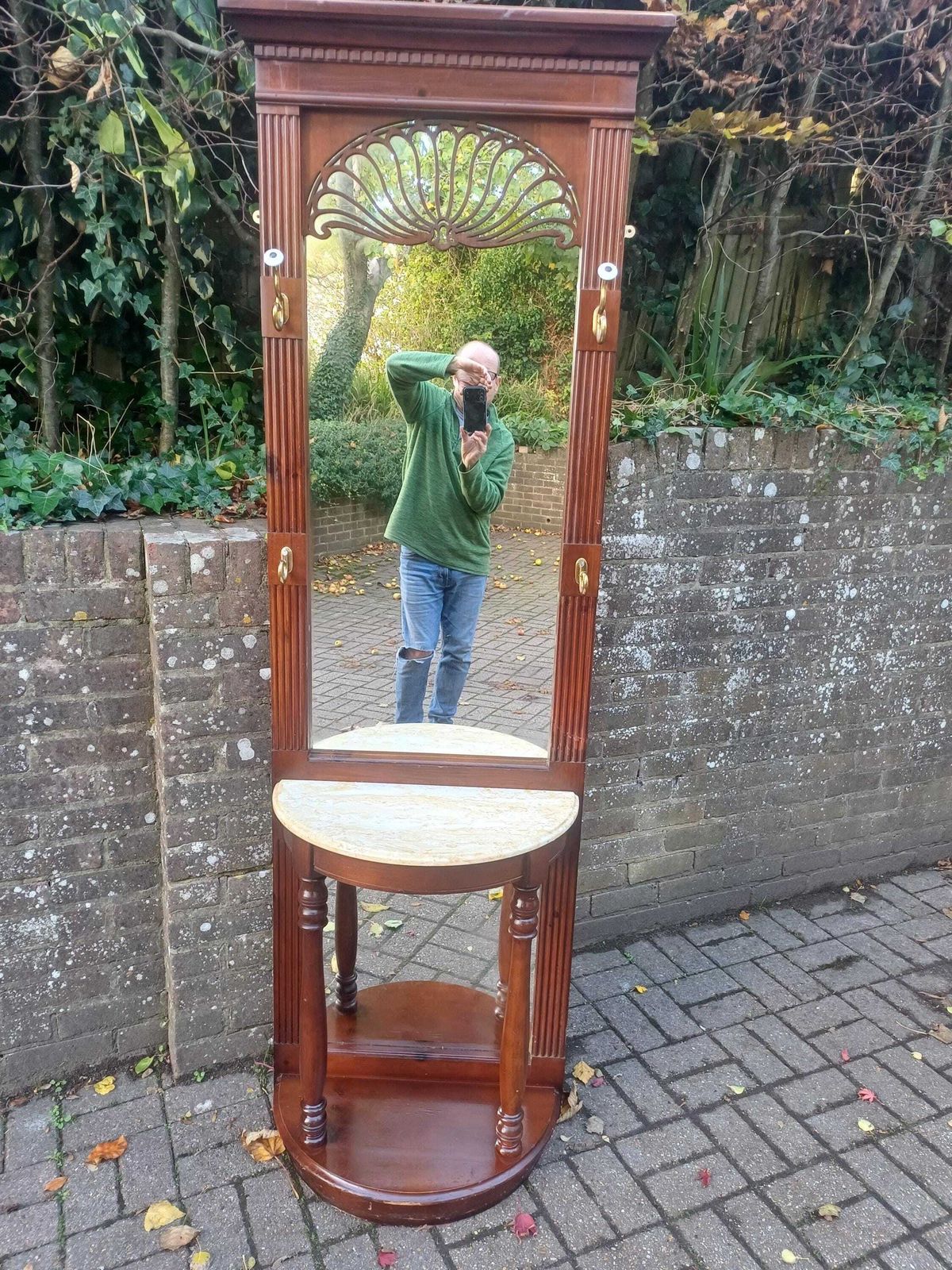 photo vinterior 1980s American Wooden Hall Stand With Full Length Mirror, Brass Hooks & Marble Demi Lune Console Table Free Hand Delivery