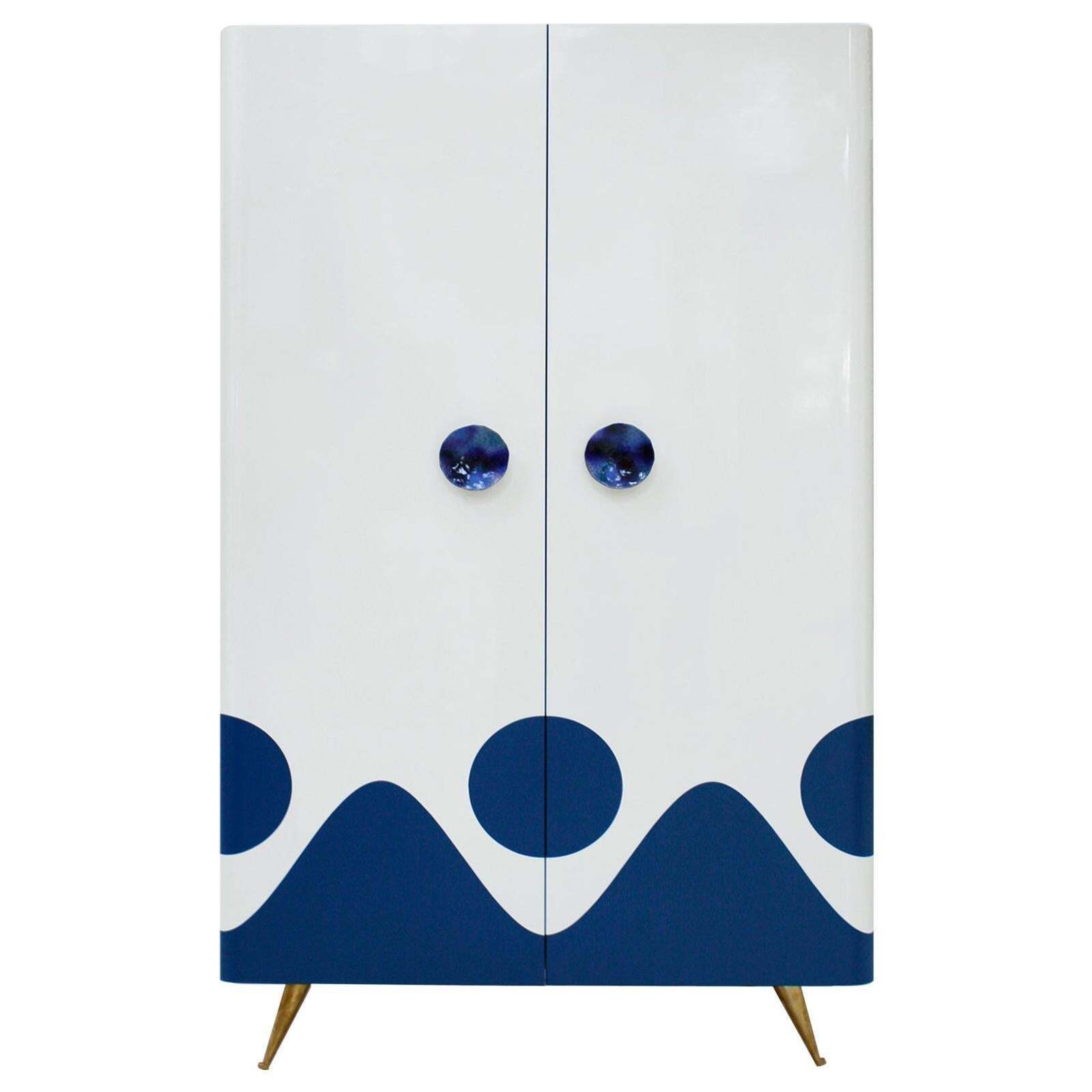 L.A. Studio Lacquered White Wood Paolo De Poli Handles Italian Drinks Cabinet
