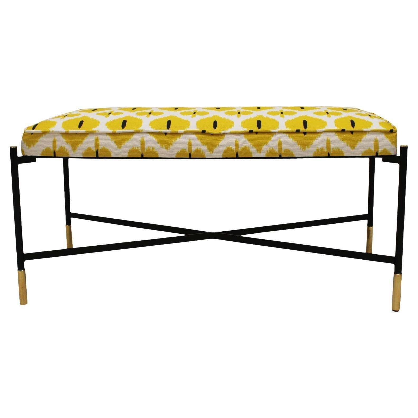 Italian Vintage Footstool, 1970s. Black Lacquered Iron And Brass Details