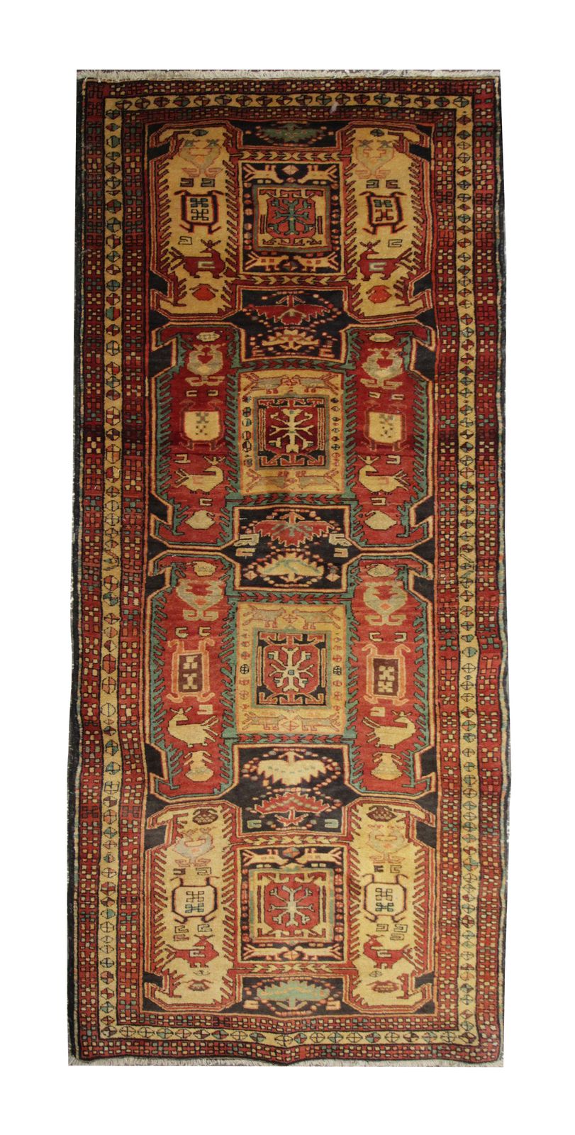 Red & Mustard Vintage Lankaran Geometric Wool Runner Rug 304 X 115 Cm