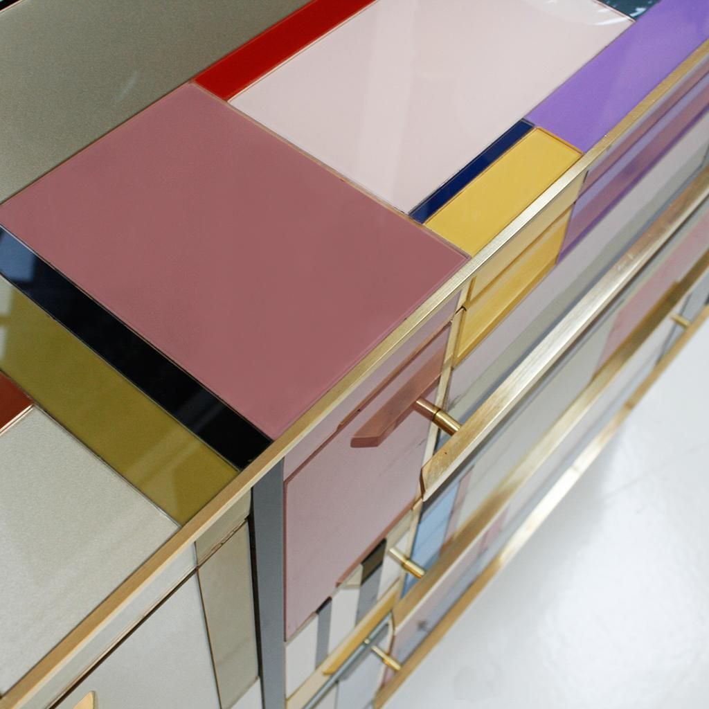Mid Century Modern Style Murano Glass And Brass Italian Sideboard By L.A. Studio photo vintage