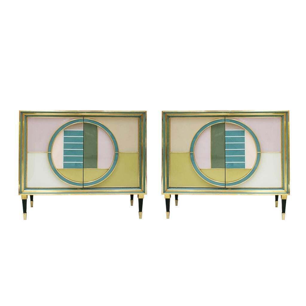 photo for sale Mid Century Modern Style Italian Cabinet Wood, Brass And Colored Glass