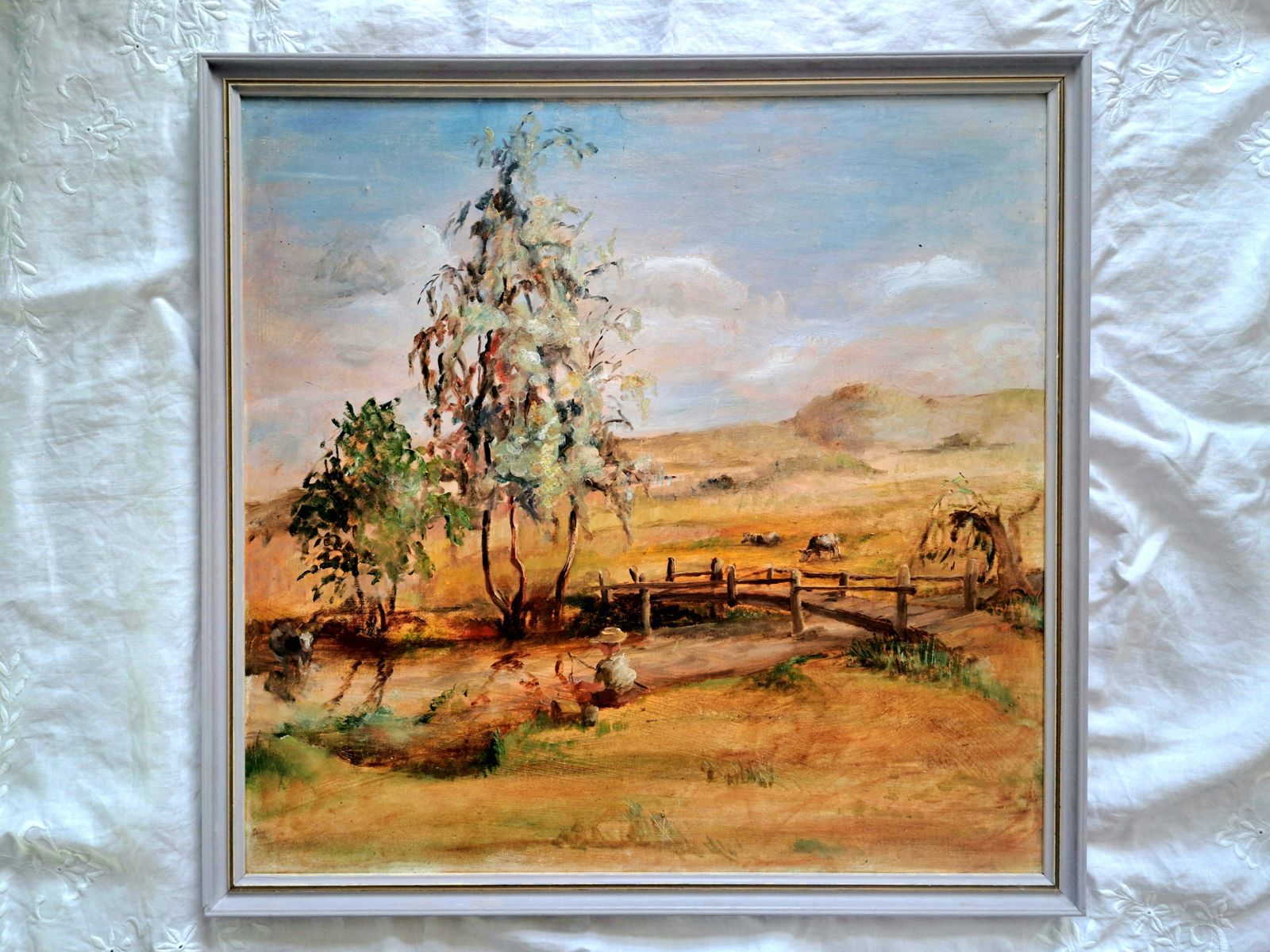 photo for sale Vintage Oil Painting Of A Boy Fishing In A Rural Landscape