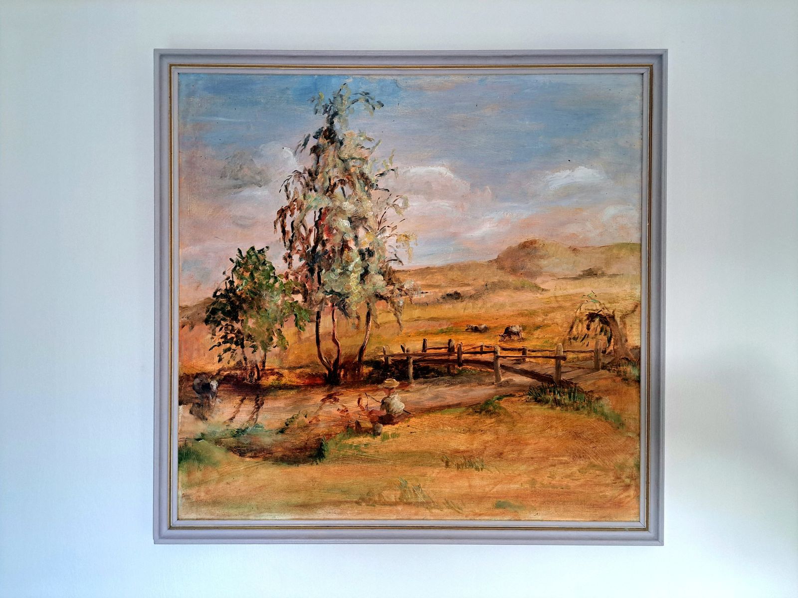 photo furniture Vintage Oil Painting Of A Boy Fishing In A Rural Landscape
