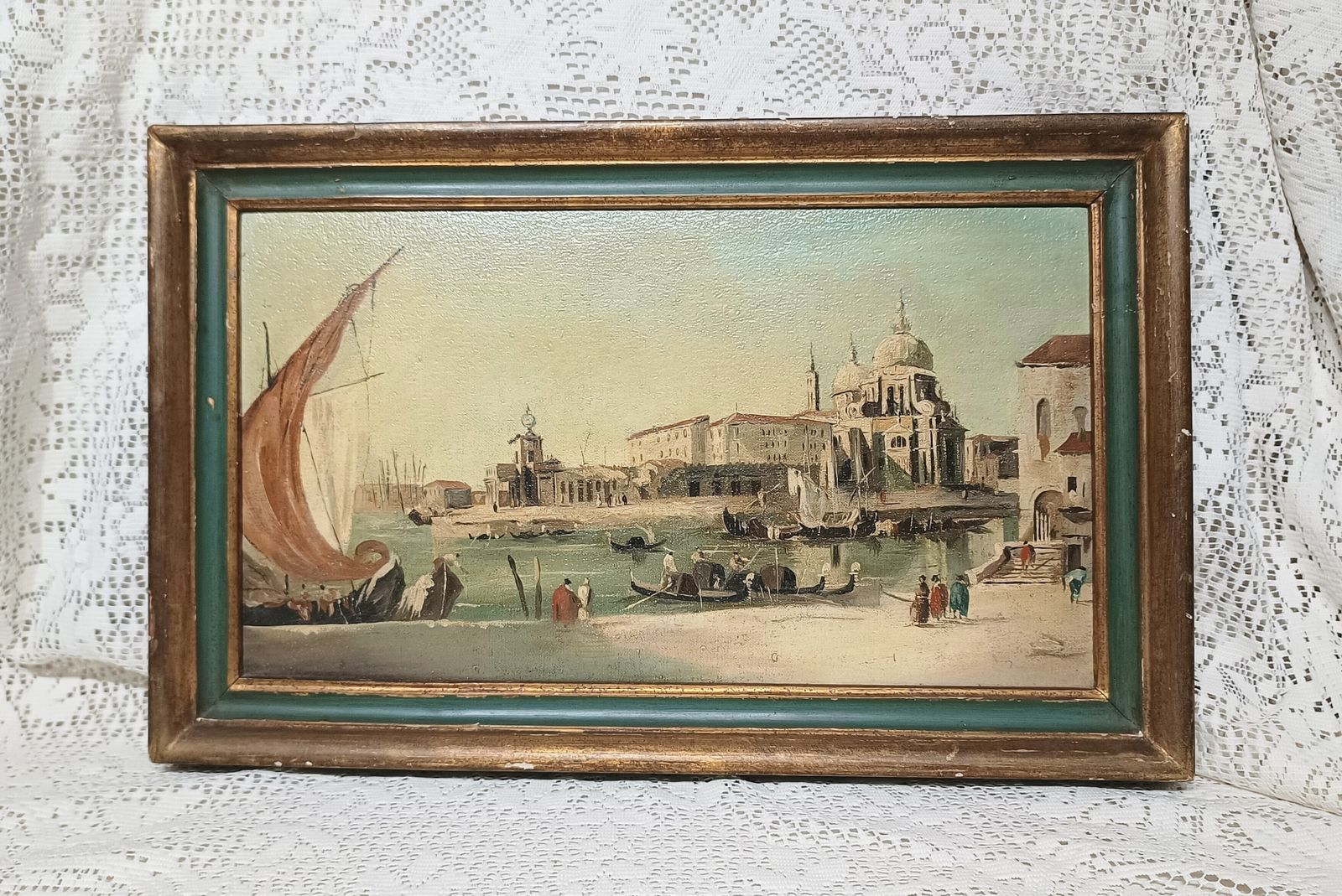 Antique Oil Painting Venitian Scene Santa Maria Della Salute Framed. photo Art