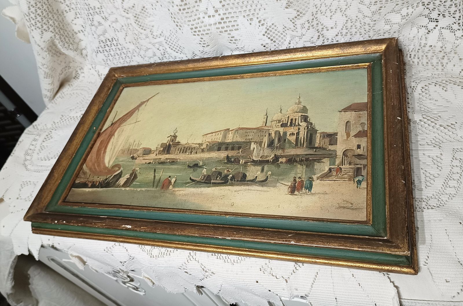 Antique Oil Painting Venitian Scene Santa Maria Della Salute Framed. photo vinterior