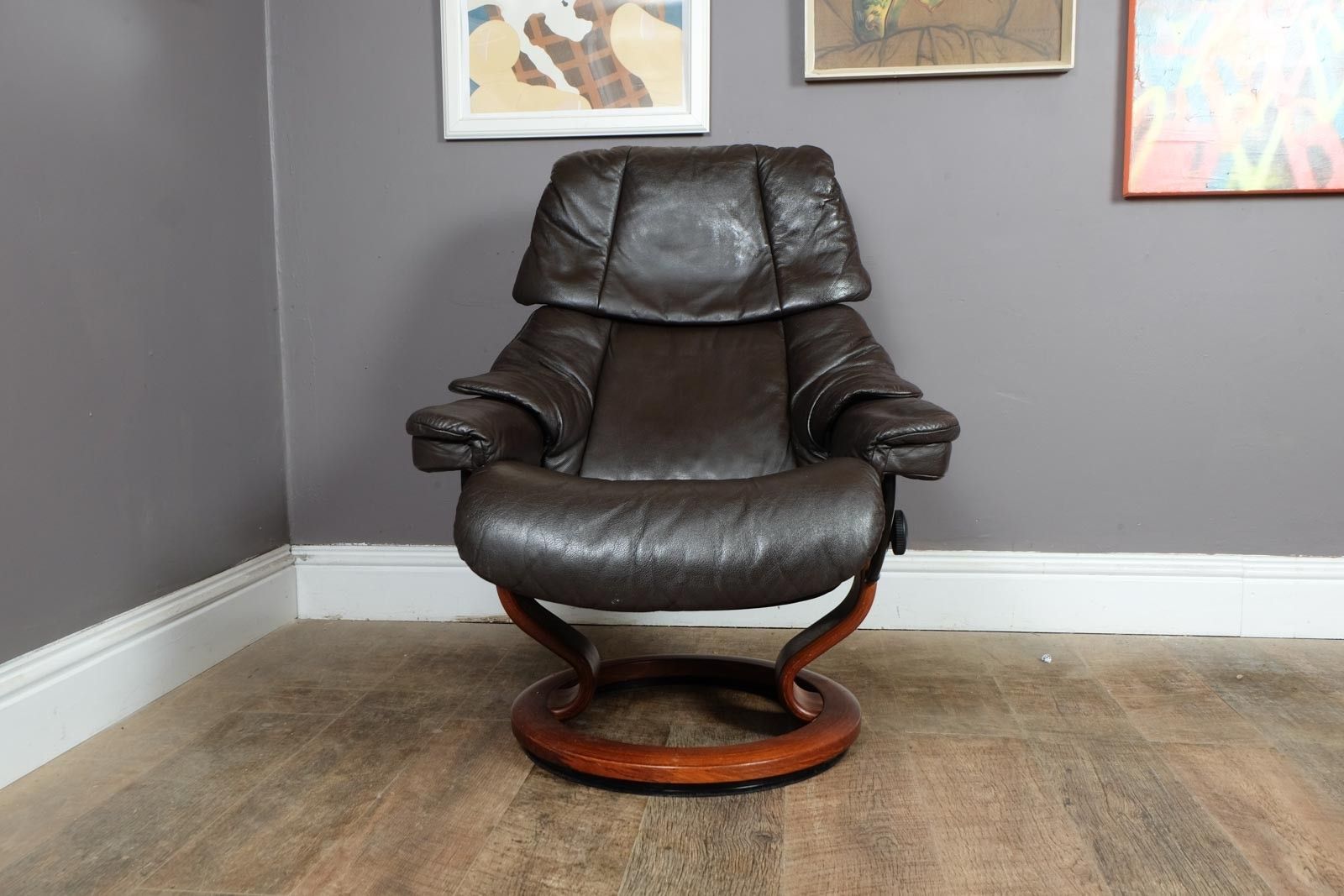 Vintage Retro Dark Brown Leather Stress Less Reclining Armchair And Footstool photo for sale