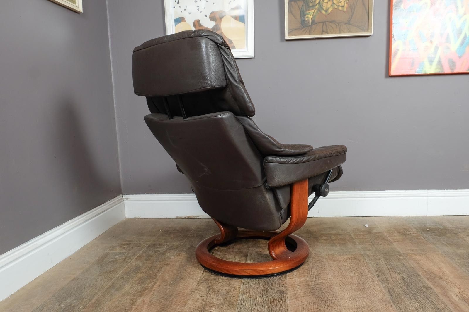Vintage Retro Dark Brown Leather Stress Less Reclining Armchair And Footstool photo vinterior