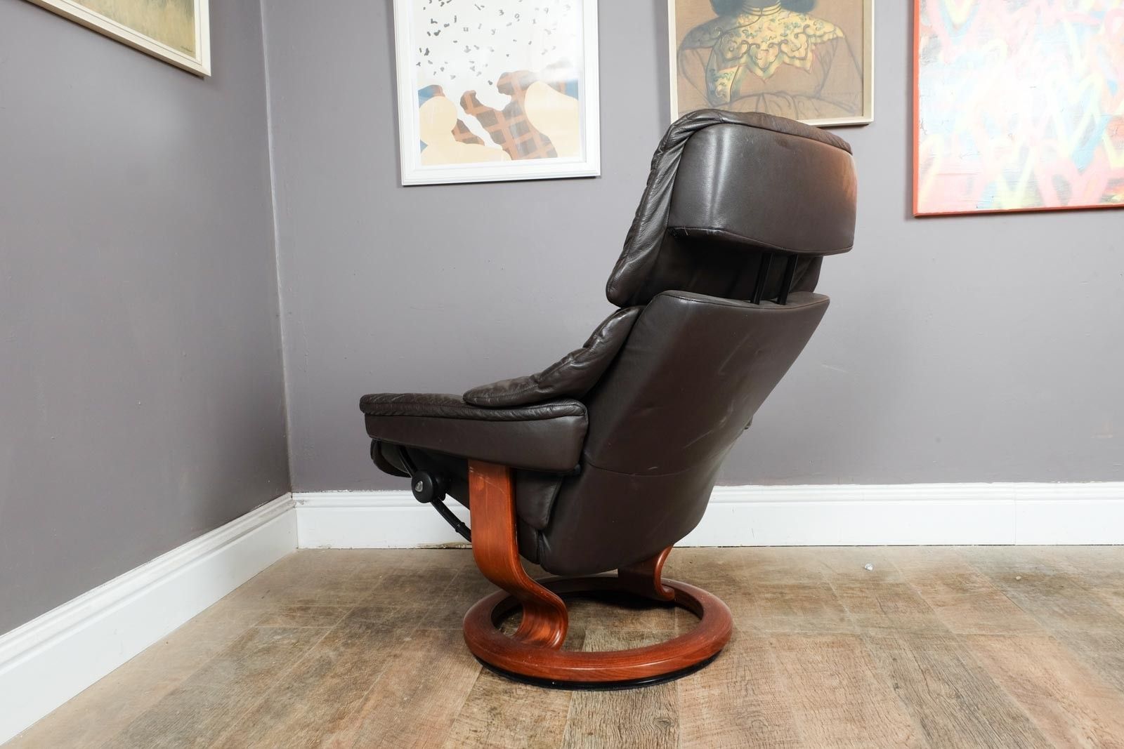 Vintage Retro Dark Brown Leather Stress Less Reclining Armchair And Footstool photo vintage