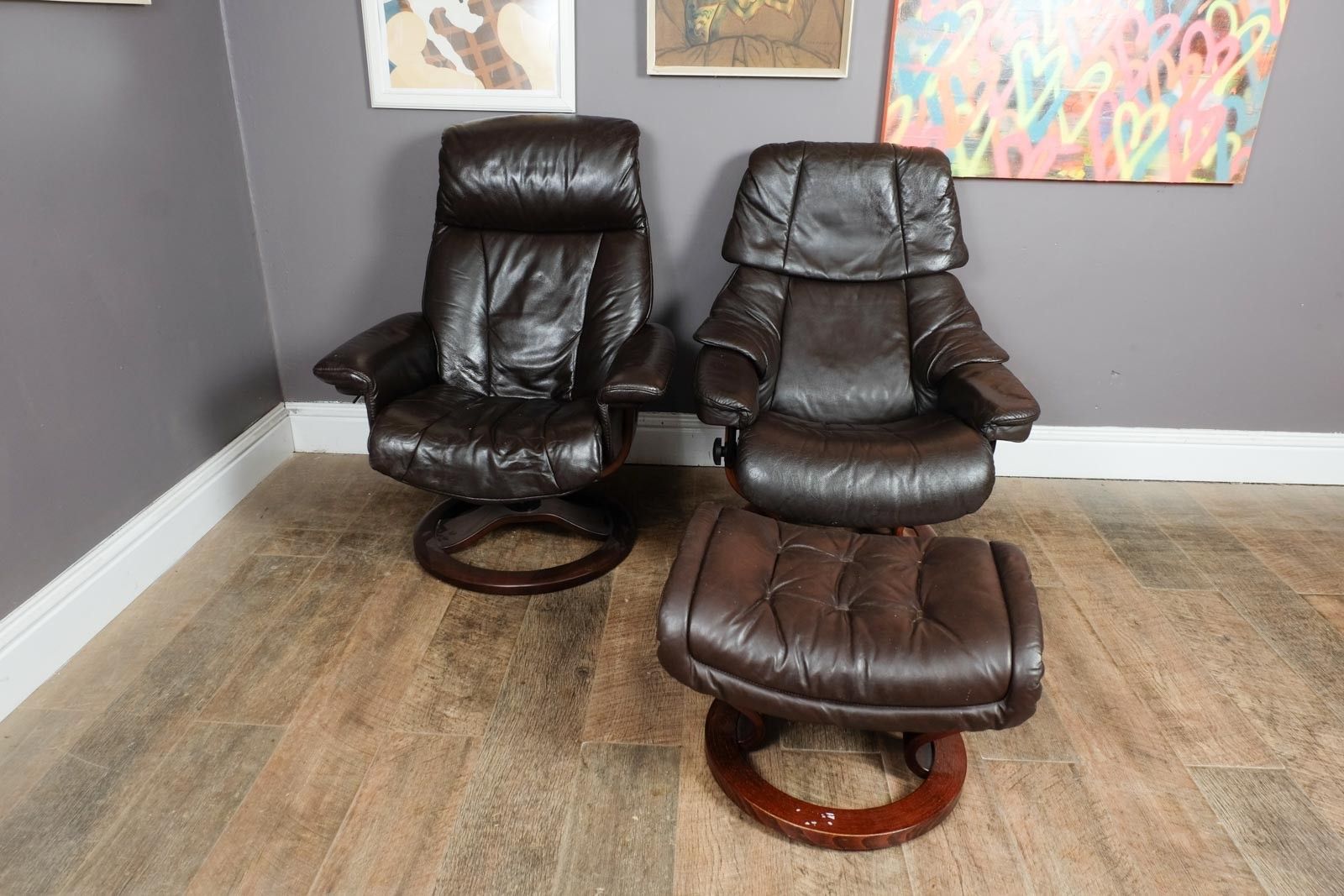 Furniture Vintage Retro Dark Brown Leather Stress Less Reclining Armchair And Footstool photo