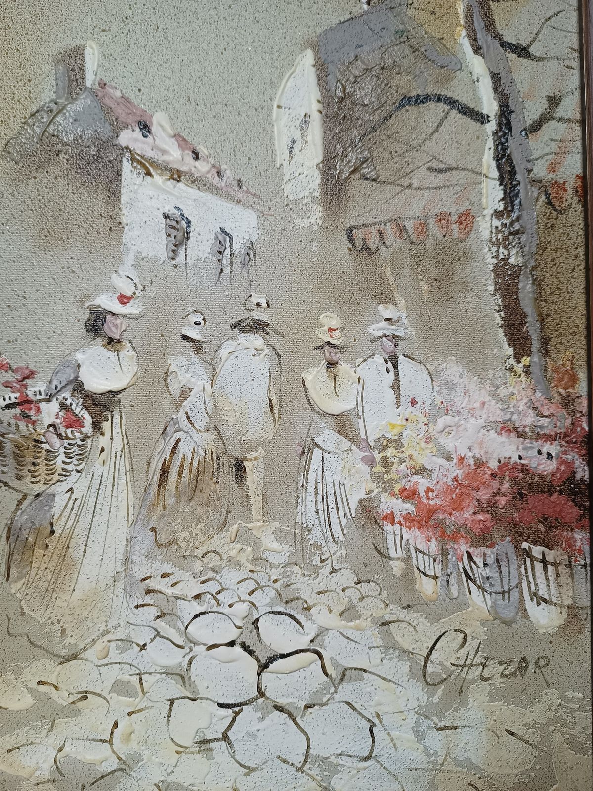 Boris Chezar Oil And Sand Painting Parisian Flower Market Impasto On Stretched Canvas. photo for sale