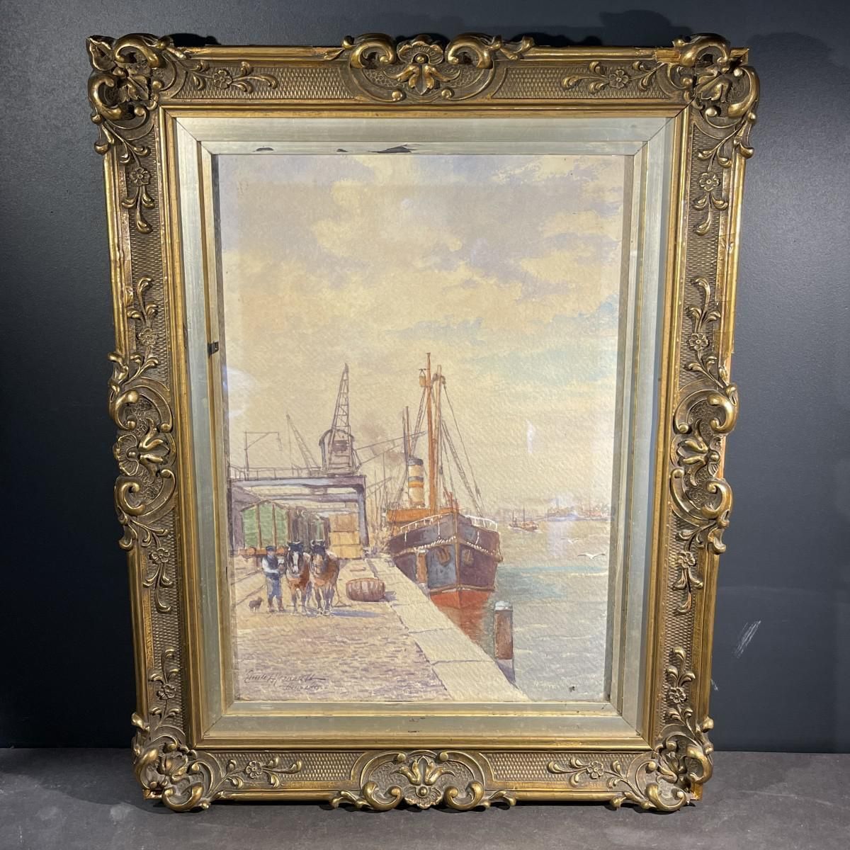 Emile Lhernault, Dock In Brussels, Aquarel, Jaren 1910 photo for sale