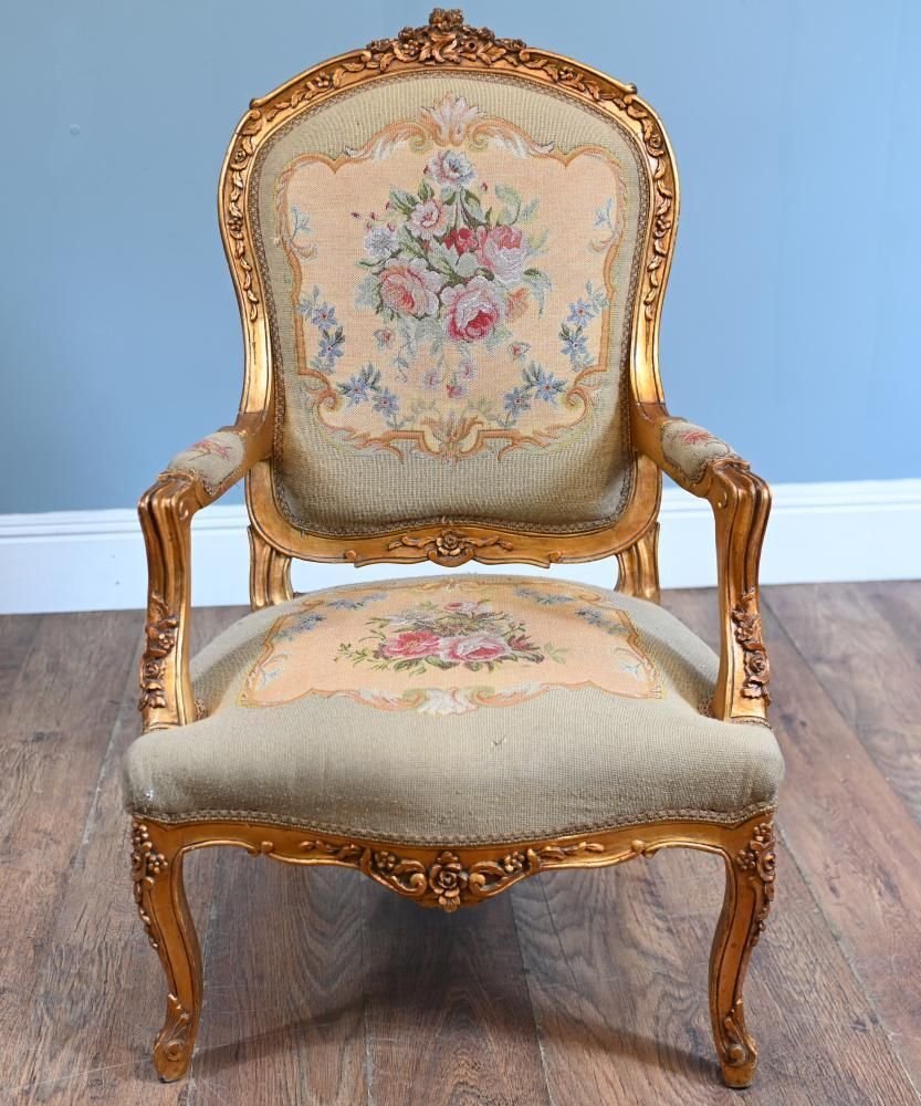 Pair French Armchairs Louis XV Gilt Fauteuil Needlepoint photo for sale