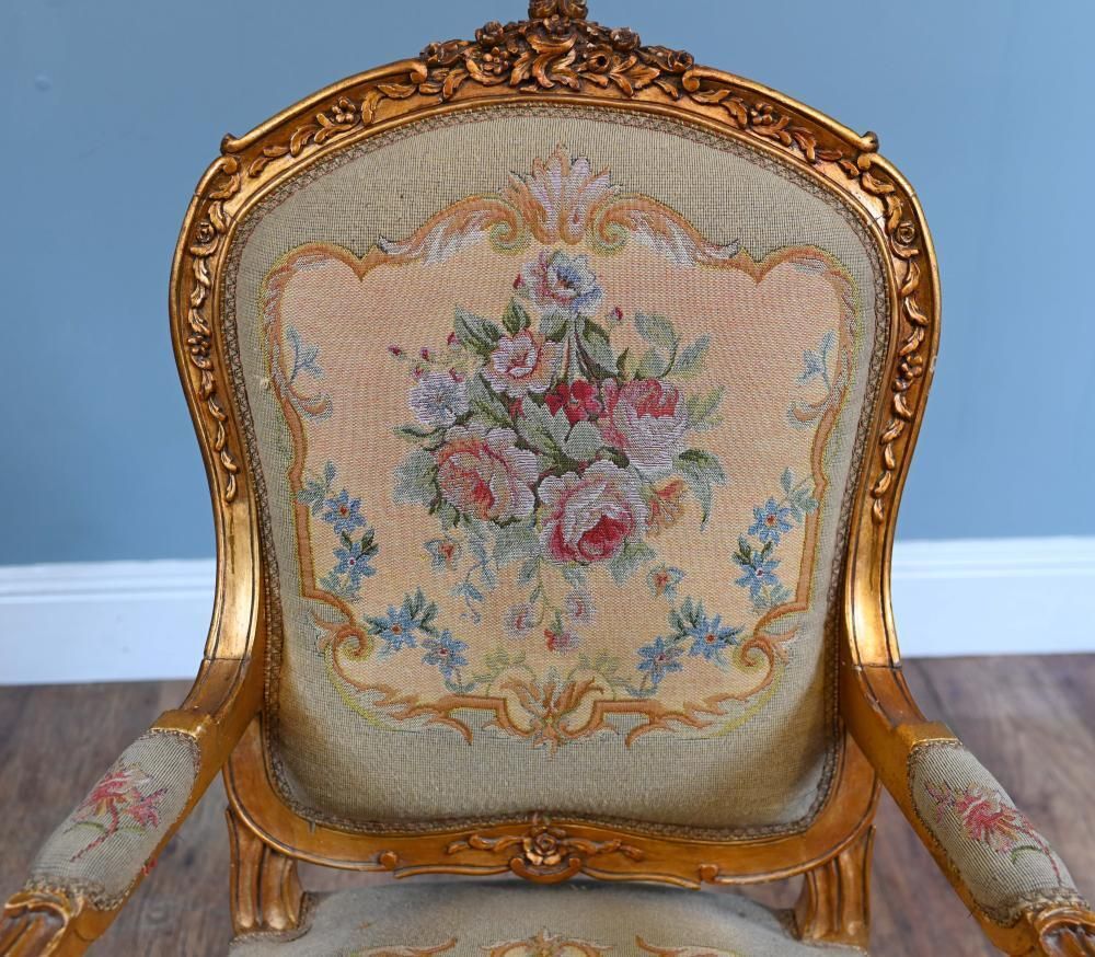 Pair French Armchairs Louis XV Gilt Fauteuil Needlepoint photo 1400.0
