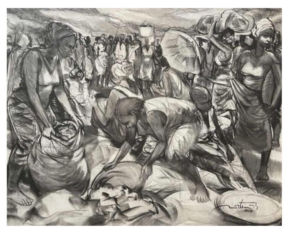 Denis Matemo, Market Scene, Charcoal On Canvas, 2016