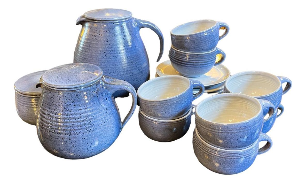 Blue Glazed Ceramic Coffee Service By Bernard Thiran, 1970s, Set Of 17