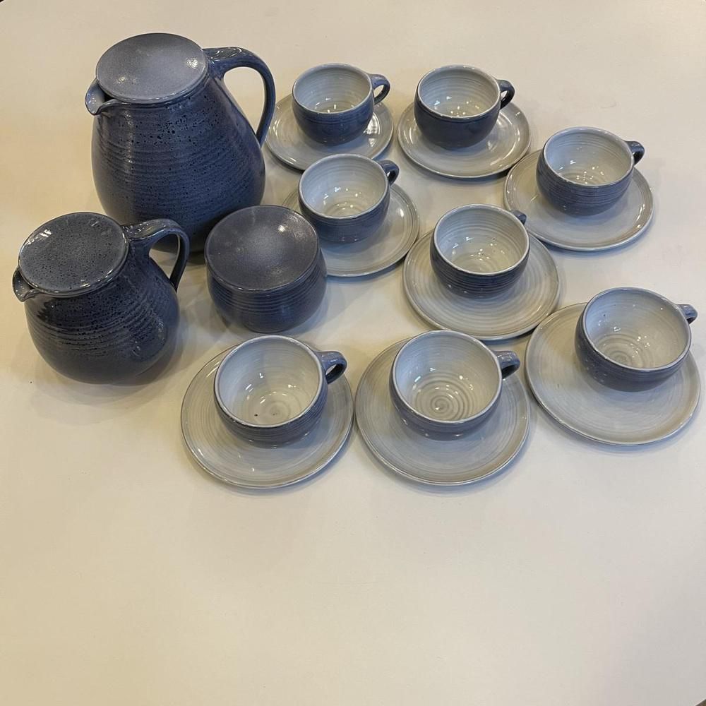 Blue Glazed Ceramic Coffee Service By Bernard Thiran, 1970s, Set Of 17 photo for sale