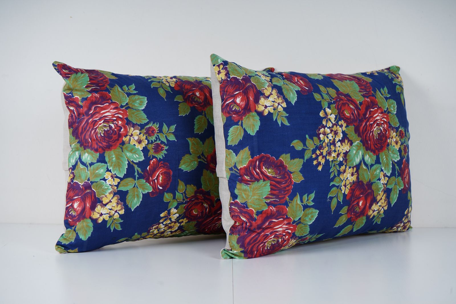 Blue Uzbek Roller Printed Lumbar Pillow Cover Set, Red Floral Cushion Covers, Handmade Boho Decor photo furniture