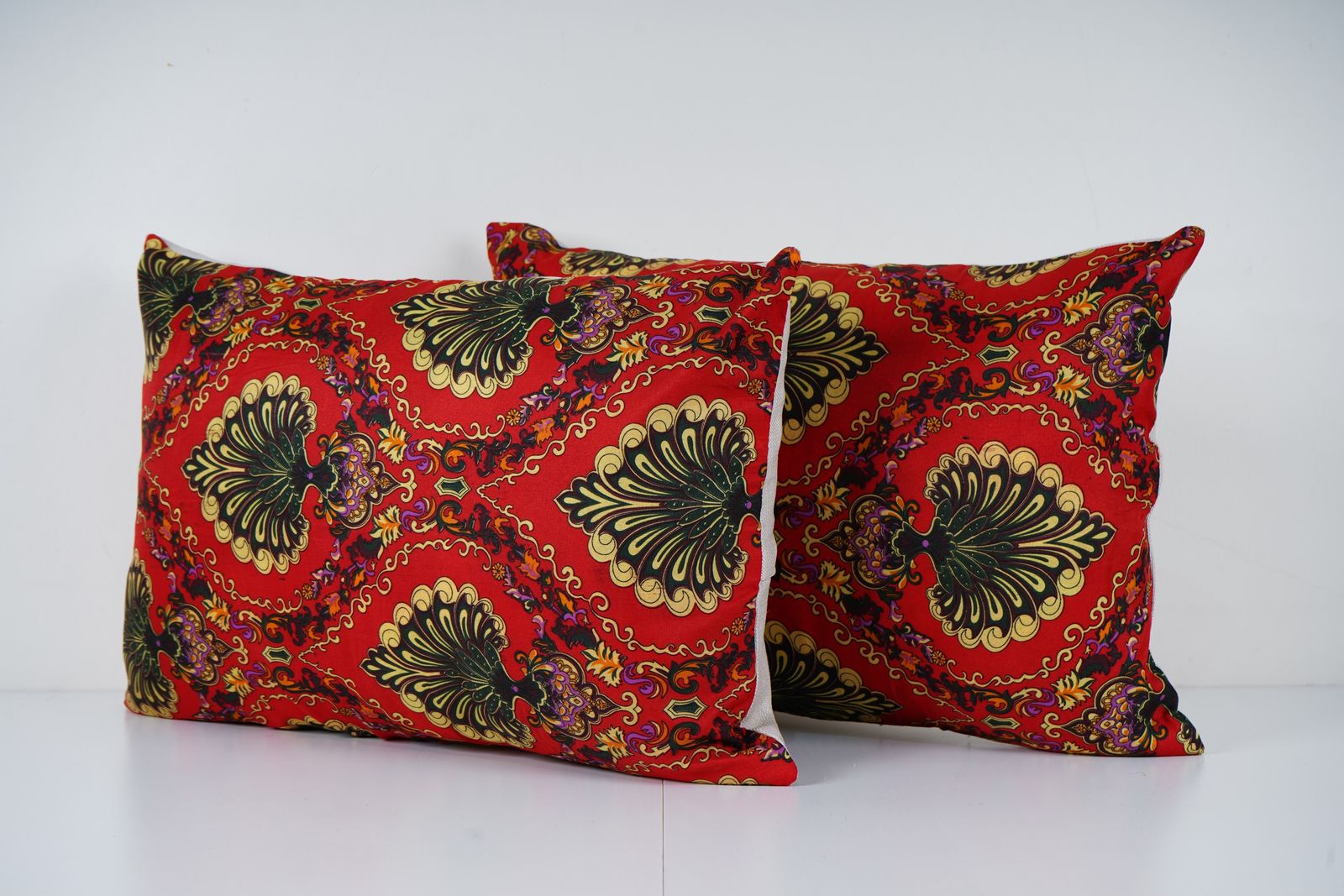Ethnic Uzbek Roller Printed Lumbar Pillow Set, Red And Gold Handmade Cushion Cover photo for sale