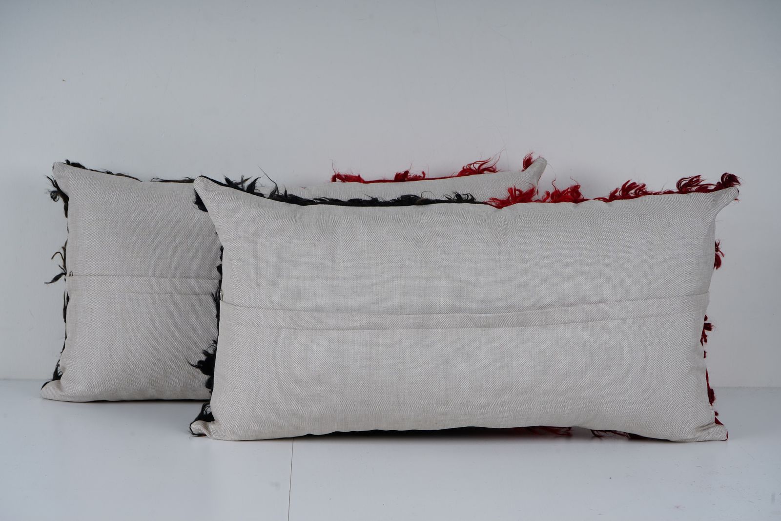 Dark Red Tulu Lumbar Pillow, Set Of Two Vintage Handwoven Cushion, Turkish Shaggy Flokati Decor photo for sale