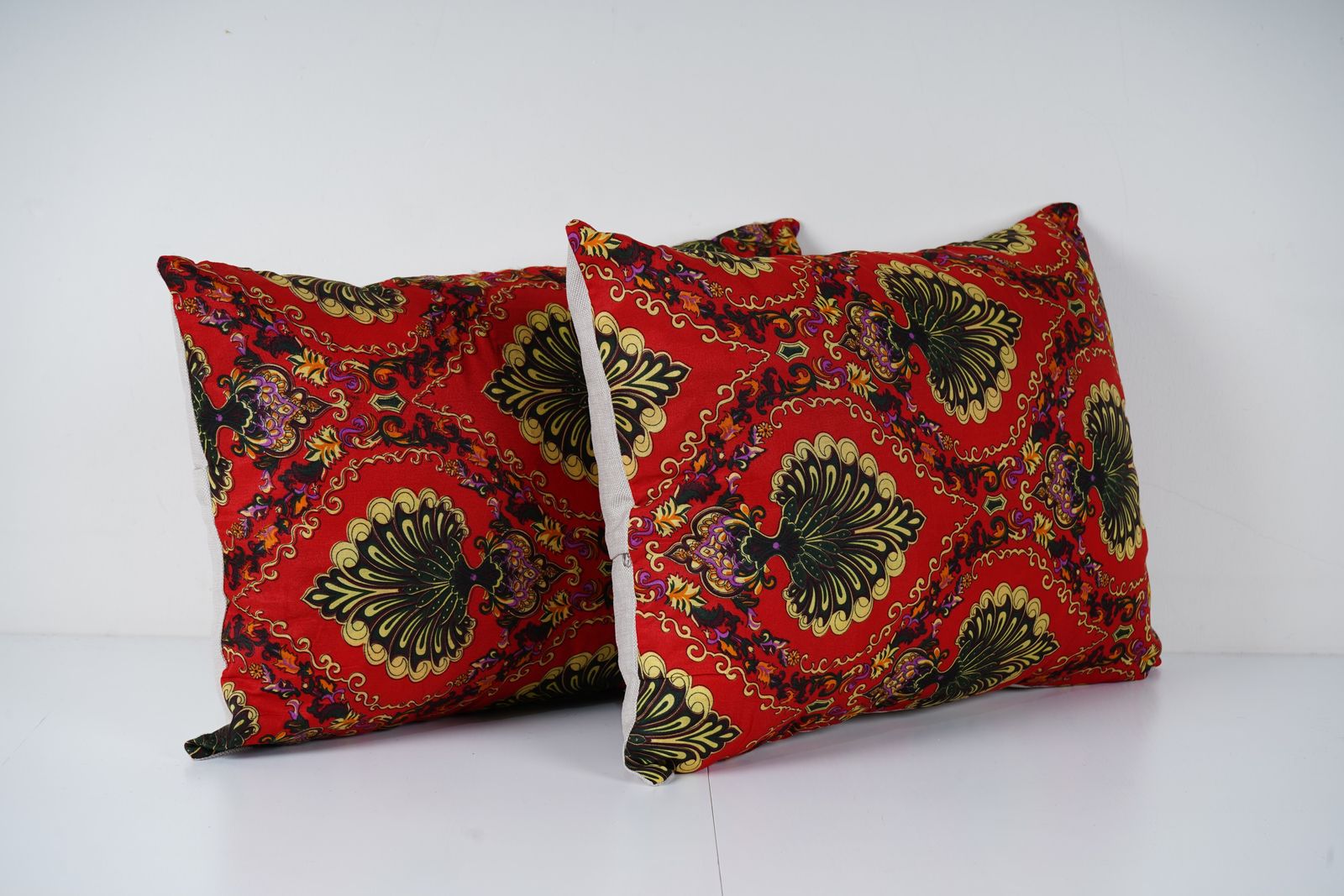 Old Uzbek Trade Cloth Pillow, Set Of Two Floral Roller Print Lumbar Cushion Cover On Cotton photo furniture