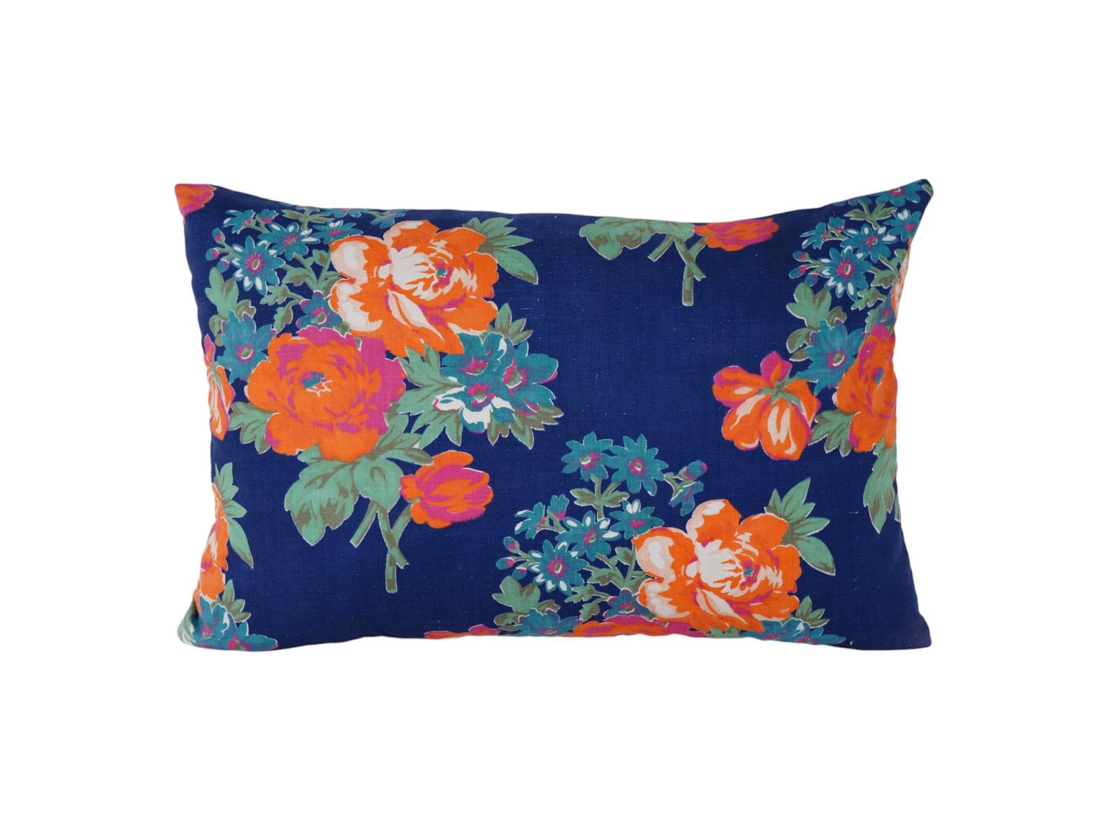 Old Uzbek Trade Cloth Pillow, Vintage Floral Roller Print Lumbar Cushion Cover On Cotton