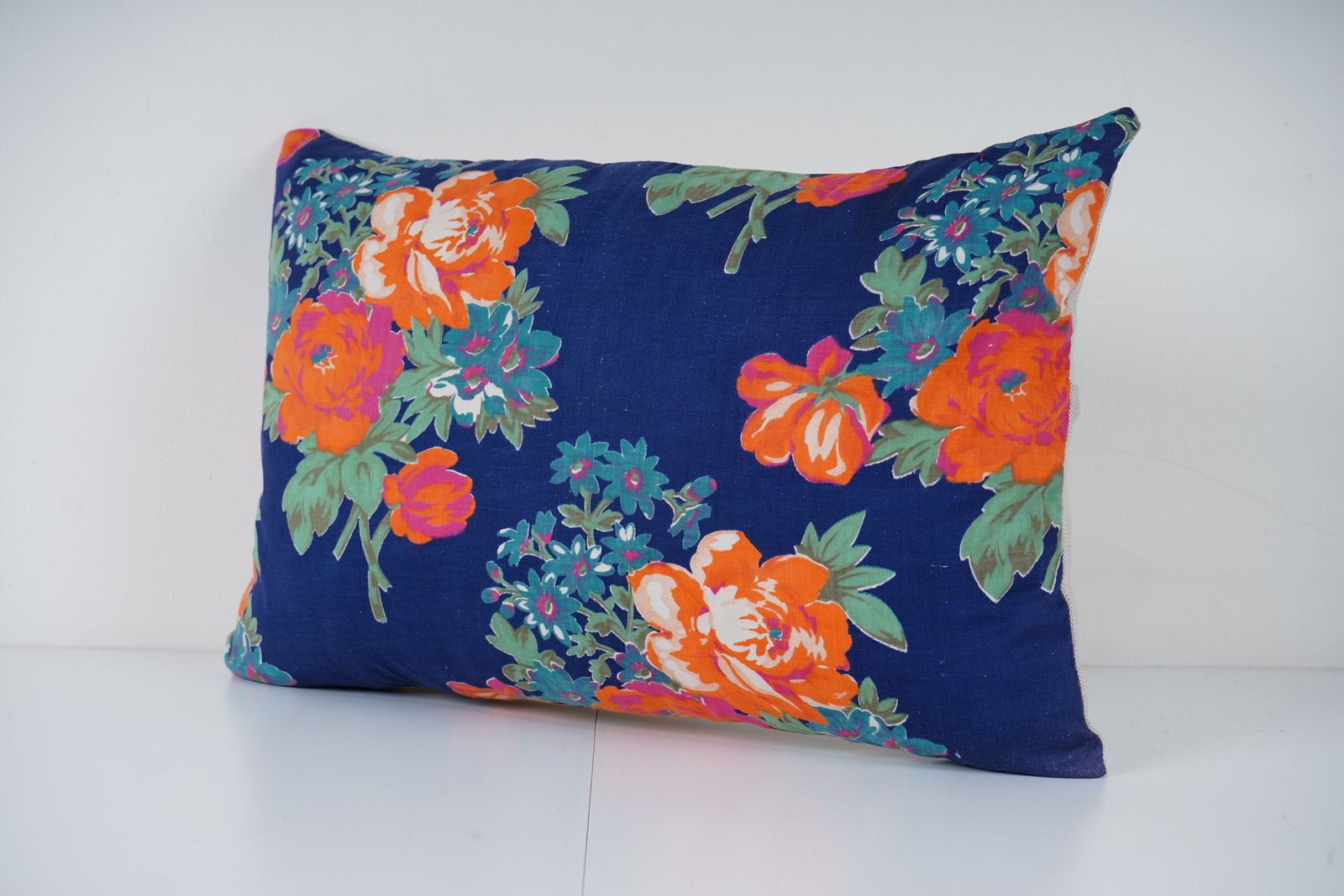 Old Uzbek Trade Cloth Pillow, Vintage Floral Roller Print Lumbar Cushion Cover On Cotton photo furniture