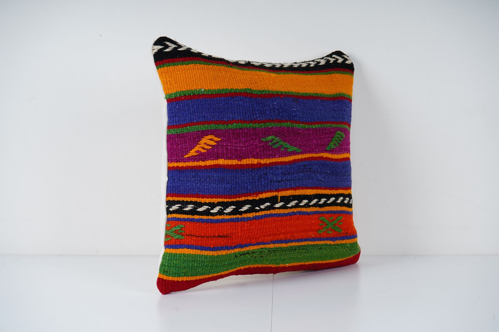 Handmade Vintage Kilim Pillow Cover: Striped Wool Tribal Cushion photo furniture