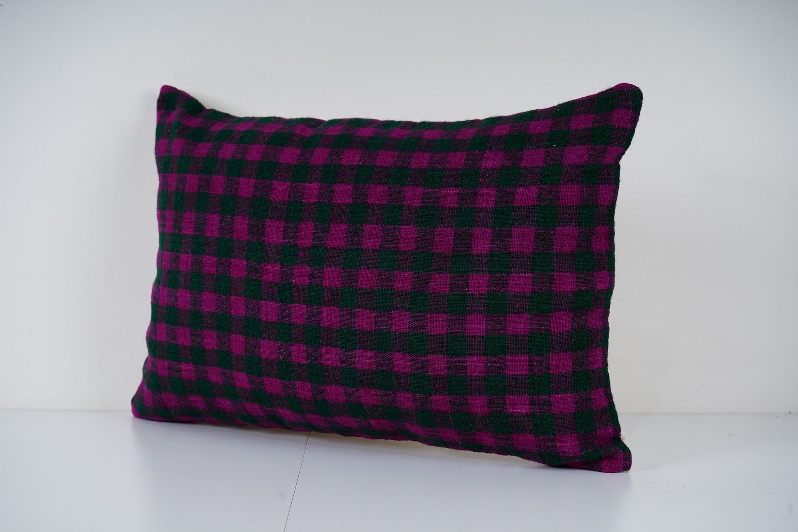 Handwoven Turkish Kilim Lumbar Pillow Cover, Purple Green Check Pattern photo for sale