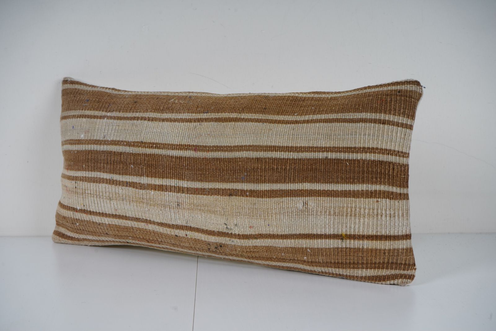 Turkish Kilim Lumbar Pillow Cover, Natural Beige Brown Striped Handmade Cushion photo for sale