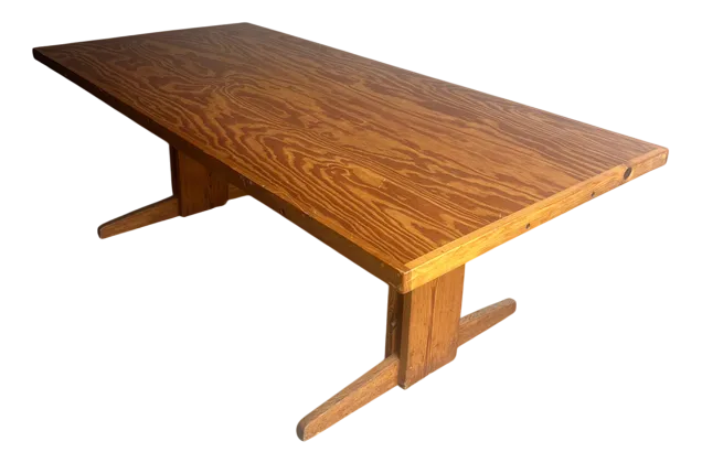 Brutalist Pine Trestle Table In The Style Of Pierre Chapo, 1970s