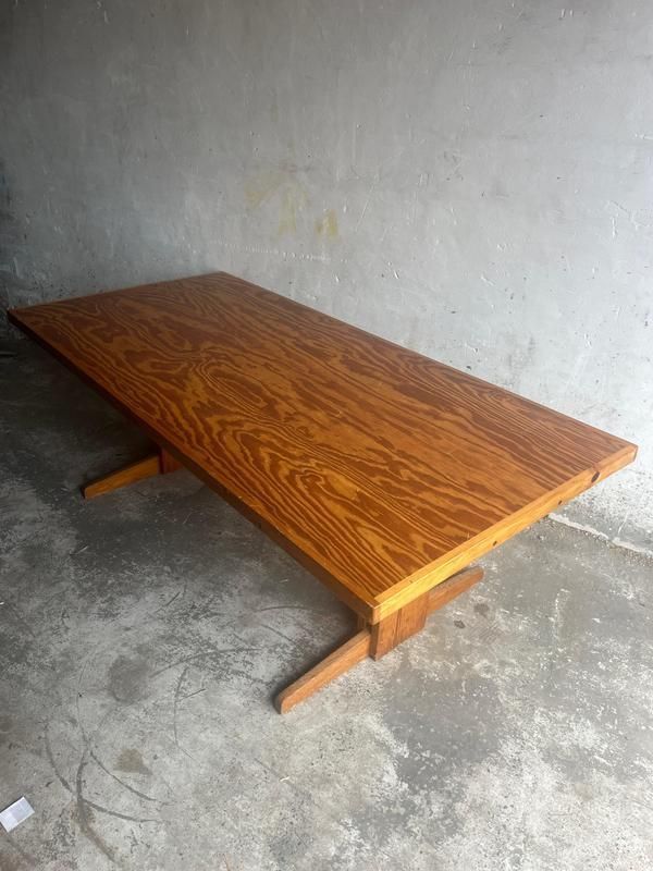 Brutalist Pine Trestle Table In The Style Of Pierre Chapo, 1970s photo furniture