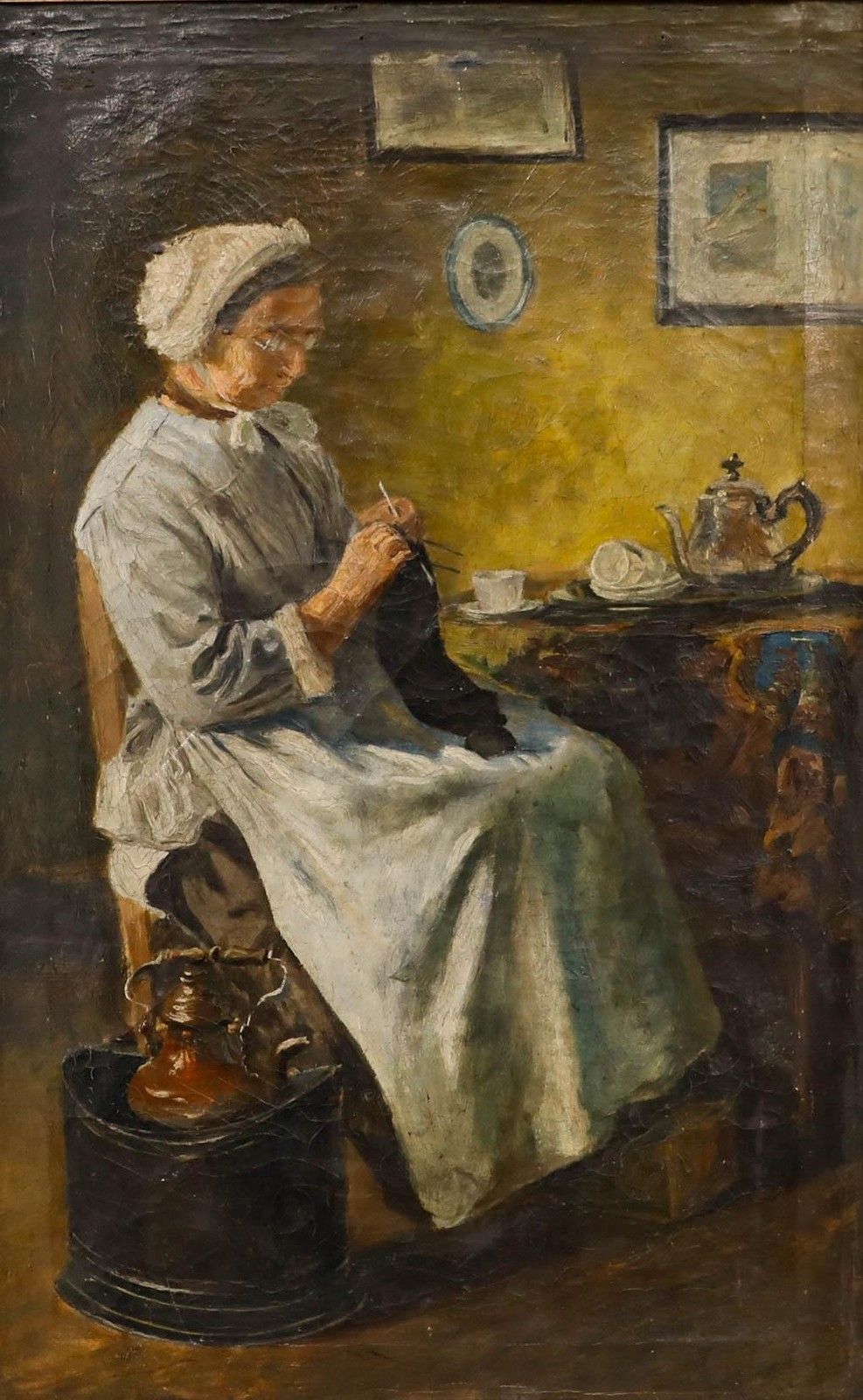 Framed Late 19th Century Oil Elderly Woman Knitting photo furniture