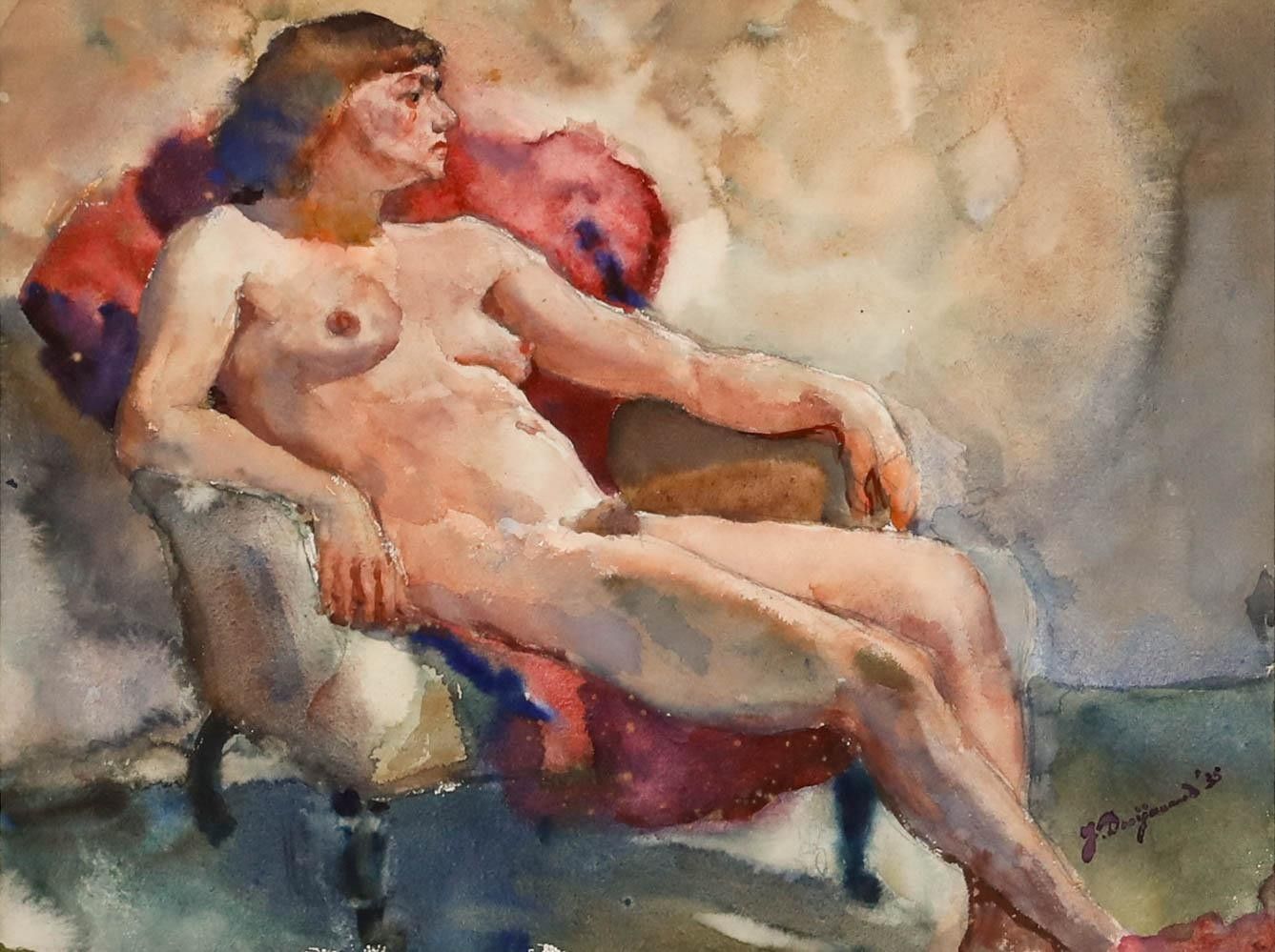 Jacob Dooijewaard (1876 1969) Framed 1935 Watercolour, Nude In An Armchair photo furniture