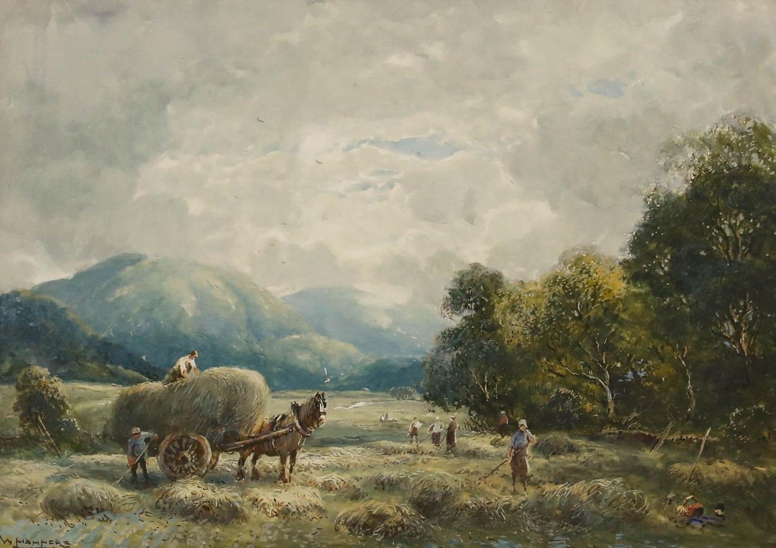 William Manners Rba (1860 1930)  Watercolour, Haymaking Near The Langdale Pikes photo furniture