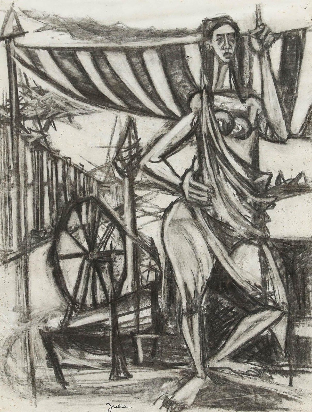 Christian Julia (1921 1991) Mid 20th Century Charcoal Drawing, Lady Spinning photo furniture